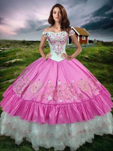 Sleeveless Taffeta Floor Length Lace Up Quinceanera Dresses in Rose Pink with Beading and Embroidery and Ruffled Layers