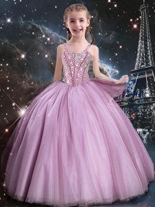 Straps Sleeveless Tulle Kids Pageant Dress Beading Lace Up
