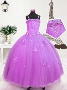 Lilac Tulle Zipper Little Girls Pageant Gowns Sleeveless Floor Length Beading and Appliques