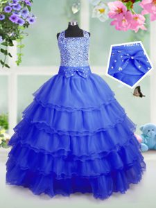 Elegant Royal Blue Zipper Square Beading and Ruffled Layers Little Girls Pageant Dress Organza Sleeveless