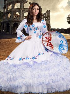 Baby Blue Organza Lace Up Quinceanera Dresses Long Sleeves Floor Length Embroidery and Ruffled Layers