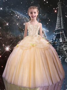 Peach Ball Gowns Beading Little Girl Pageant Dress Lace Up Tulle Sleeveless Floor Length