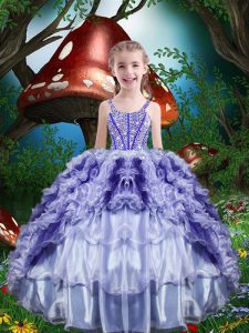 Custom Design Purple Lace Up Little Girl Pageant Gowns Beading and Ruffles and Ruffled Layers Sleeveless Floor Length