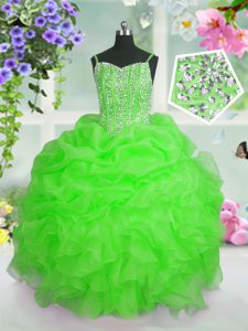 Sleeveless Floor Length Beading and Ruffles and Pick Ups Lace Up Little Girls Pageant Dress Wholesale with Apple Green