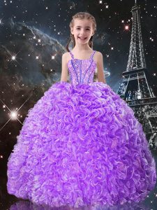 Lilac Straps Neckline Beading and Ruffles Little Girls Pageant Gowns Sleeveless Lace Up
