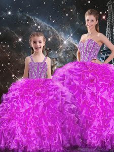 Sumptuous Fuchsia Sweet 16 Dresses Military Ball and Sweet 16 and Quinceanera with Beading and Ruffles Sweetheart Sleeveless Lace Up