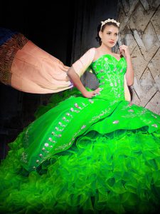 Designer With Train Lace Up Quinceanera Gowns Green for Military Ball and Sweet 16 and Quinceanera with Embroidery and Ruffles Brush Train