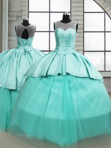 Turquoise Scoop Neckline Beading 15th Birthday Dress Sleeveless Lace Up