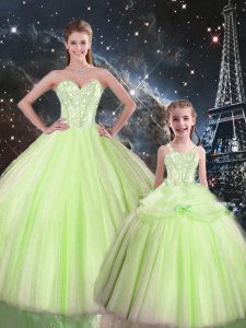 Sweetheart Sleeveless Quinceanera Gown Floor Length Beading Yellow Green Tulle