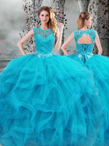 Classical Baby Blue Tulle Lace Up Scoop Sleeveless Floor Length 15th Birthday Dress Beading and Ruffles