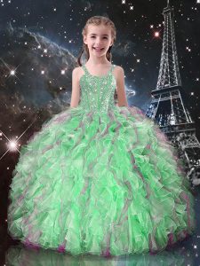 Floor Length Apple Green Little Girl Pageant Dress Organza Sleeveless Beading and Ruffles