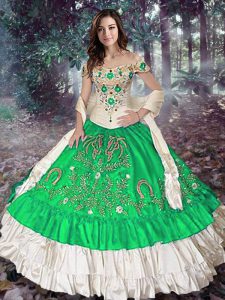 Trendy Floor Length Green Quinceanera Gowns Taffeta Sleeveless Embroidery and Ruffled Layers