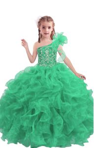Unique Apple Green Little Girls Pageant Dress Wholesale Quinceanera and Wedding Party with Beading and Ruffles One Shoulder Sleeveless Lace Up