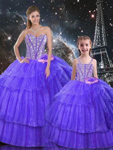 Deluxe Sweetheart Sleeveless Sweet 16 Dress Floor Length Ruffled Layers and Sequins Purple Organza and Tulle