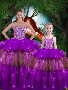 Chic Purple Ball Gowns Beading and Ruffled Layers Quinceanera Gown Lace Up Organza Sleeveless Floor Length