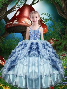 Amazing Baby Blue Lace Up Straps Beading and Ruffles and Ruffled Layers Little Girl Pageant Dress Organza Sleeveless