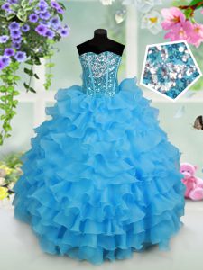 Baby Blue Lace Up Strapless Beading and Ruffled Layers and Sequins Pageant Gowns For Girls Organza Sleeveless