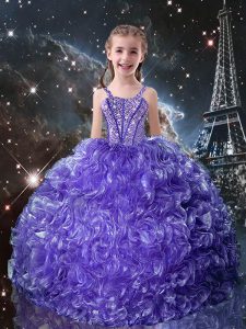 Organza Straps Sleeveless Lace Up Beading and Ruffles Little Girls Pageant Dress in Purple