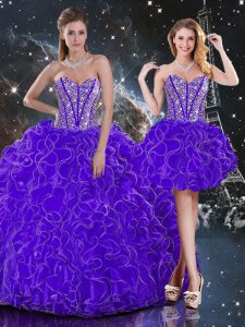 Purple Ball Gowns Sweetheart Sleeveless Organza Floor Length Lace Up Beading and Ruffles Vestidos de Quinceanera