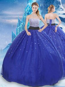 Floor Length Lace Up Quinceanera Gown Royal Blue for Military Ball and Sweet 16 and Quinceanera with Beading and Sequins