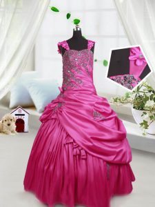 New Style Beading and Pick Ups Kids Formal Wear Hot Pink Lace Up Sleeveless Floor Length
