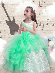 Scoop Sleeveless Floor Length Beading and Ruffles Lace Up Pageant Gowns For Girls with Apple Green