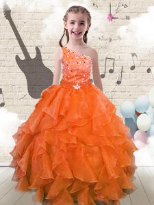 Floor Length Orange Red Little Girls Pageant Gowns One Shoulder Sleeveless Lace Up
