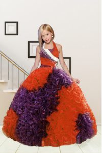 Halter Top Purple and Orange Red Sleeveless Beading and Ruffles Floor Length Little Girl Pageant Dress