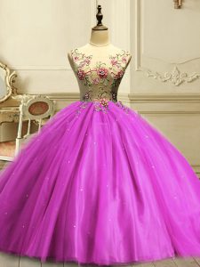 Sleeveless Floor Length Appliques and Sequins Lace Up Quinceanera Dresses with Fuchsia