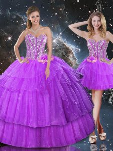 Custom Fit Sleeveless Floor Length Ruffled Layers Lace Up Quince Ball Gowns with Purple