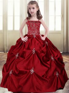 Wine Red Spaghetti Straps Neckline Beading and Pick Ups Child Pageant Dress Sleeveless Lace Up