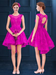 Fuchsia Lace Up Scoop Lace and Belt Damas Dress Satin and Tulle Sleeveless