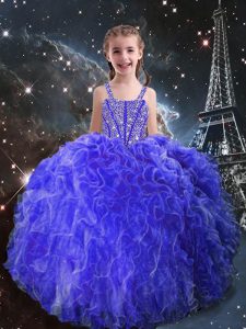 Organza Straps Sleeveless Lace Up Beading and Ruffles Little Girls Pageant Gowns in Eggplant Purple