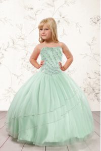 On Sale Apple Green Lace Up Strapless Beading Girls Pageant Dresses Tulle Sleeveless