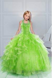 Apple Green Halter Top Neckline Beading and Ruching Little Girls Pageant Dress Sleeveless Lace Up
