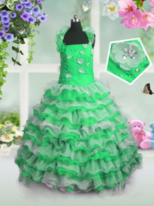 Simple Ruffled Ball Gowns Girls Pageant Dresses Straps Organza Sleeveless Floor Length Lace Up