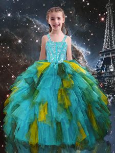 New Style Straps Short Sleeves Tulle Kids Pageant Dress Beading and Ruffles Lace Up