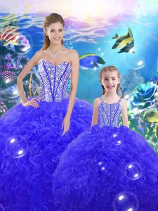 Exceptional Royal Blue Organza Lace Up 15th Birthday Dress Sleeveless Floor Length Beading and Ruffles