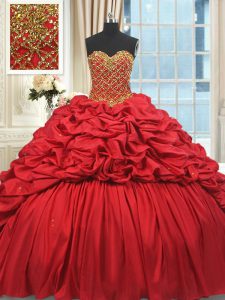 Glorious Sweetheart Sleeveless Quinceanera Gowns Brush Train Beading and Pick Ups Red Taffeta