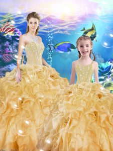 Best Selling Gold Organza Lace Up Quinceanera Gown Sleeveless Floor Length Beading and Ruffles
