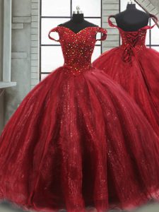 Wine Red Ball Gowns Off The Shoulder Sleeveless Tulle Brush Train Lace Up Beading Sweet 16 Quinceanera Dress