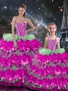 Deluxe Sweetheart Sleeveless Organza Ball Gown Prom Dress Beading and Ruffles Lace Up