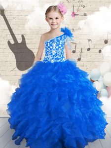 Top Selling One Shoulder Navy Blue Organza Lace Up Little Girl Pageant Dress Sleeveless Floor Length Embroidery and Ruffles and Hand Made Flower