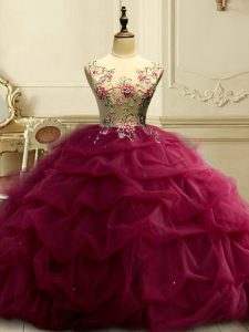Artistic Organza Scoop Sleeveless Lace Up Appliques and Ruffles and Sequins Quinceanera Dress in Burgundy