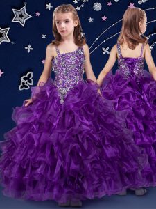 Custom Made Ruffled Purple Sleeveless Organza Lace Up Girls Pageant Dresses for Quinceanera and Wedding Party