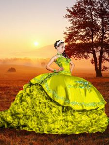 Free and Easy Yellow Green Sleeveless Brush Train Embroidery and Ruffles Sweet 16 Dresses