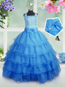 Baby Blue Sleeveless Beading and Ruffled Layers Floor Length Little Girls Pageant Gowns