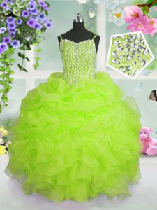 Excellent Organza Sleeveless Floor Length Little Girls Pageant Gowns and Beading and Ruffles and Pick Ups