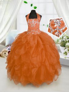 Halter Top Orange Red Organza Lace Up Little Girls Pageant Dress Wholesale Sleeveless Floor Length Beading and Ruffles