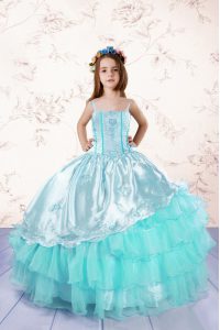 Ruffled Spaghetti Straps Sleeveless Lace Up Pageant Gowns For Girls Turquoise Organza